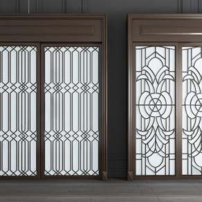 新中式实木雕花玻璃推拉门移门组合3D模型下载